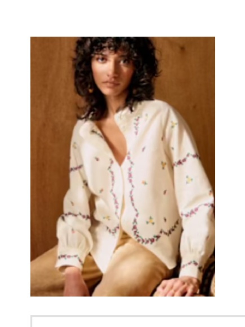 Sezane Ecru Blouse with Floral Embroidery